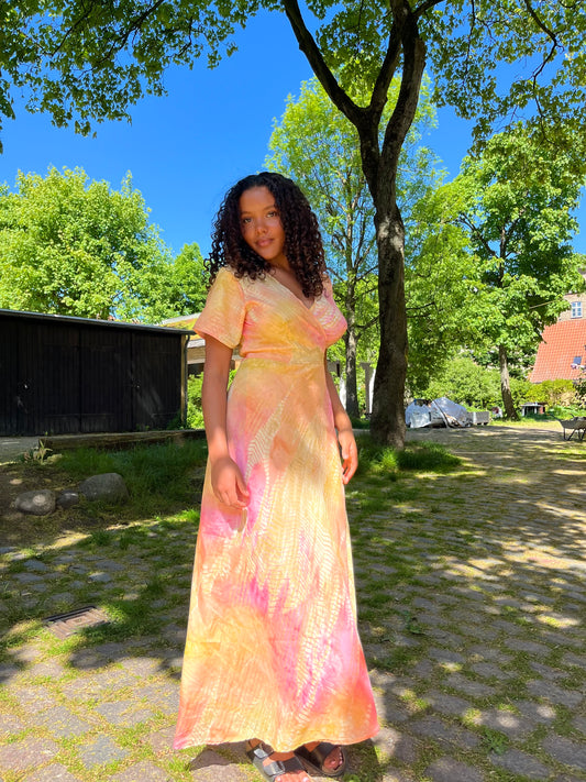 Long Wrap Dress (With Gold Foil) - Light Pink + Yellow