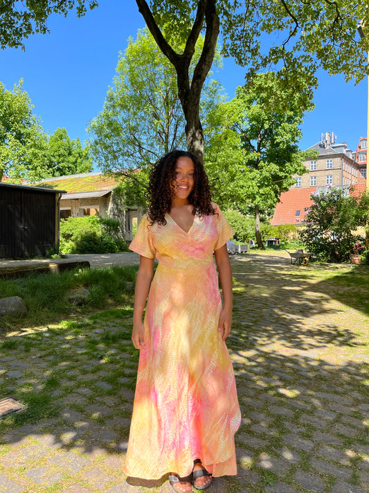 Long Wrap Dress (With Gold Foil) - Light Pink + Yellow