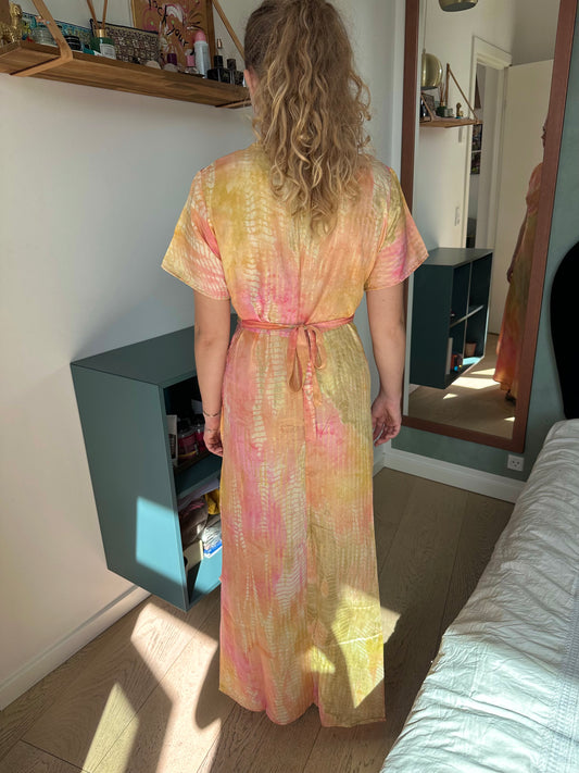 Long Wrap Dress (With Gold Foil) - Light Pink + Yellow